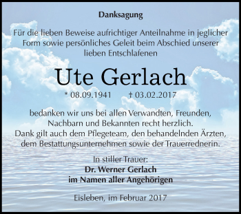 Traueranzeige von Ute Gerlach von Super Sonntag SGH Mansf. Land