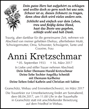 Traueranzeige von Anni Kretzschmar von WVG - Wochenspiegel NMB / WSF / ZTZ