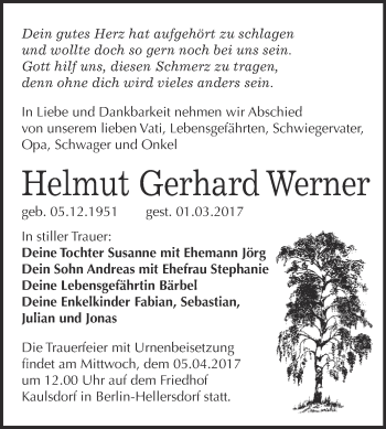 Traueranzeige von Helmut Gerhard Werner von WVG - Wochenspiegel Bitterfeld