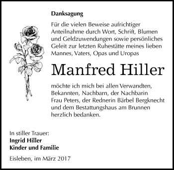 Traueranzeige von Manfred Hiller von Mitteldeutsche Zeitung Mansfelder Land