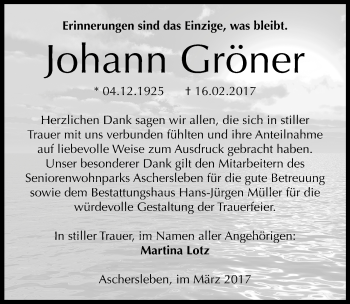 Traueranzeige von Johann Gröner von Mitteldeutsche Zeitung Aschersleben