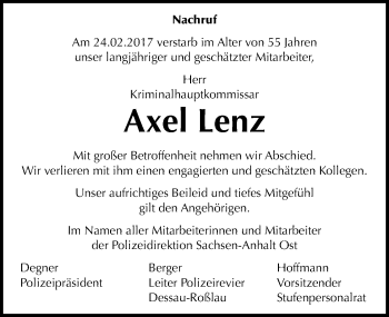 Traueranzeige von Axel Lenz von Mitteldeutsche Zeitung Dessau-Roßlau