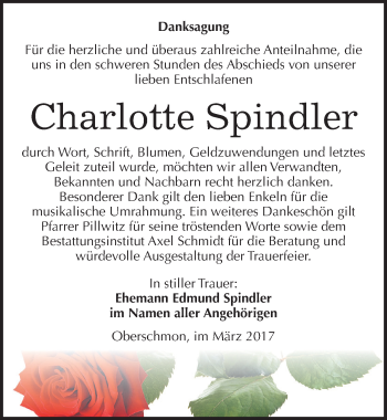 Traueranzeige von Charlotte Spindler von Mitteldeutsche Zeitung Merseburg/Querfurt