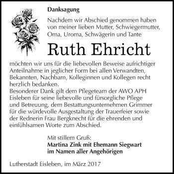 Traueranzeige von Ruth Ehricht von Super Sonntag SGH Mansf. Land