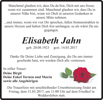 Traueranzeige von Elisabeth Jahn von Mitteldeutsche Zeitung Quedlinburg