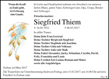 Traueranzeige von Siegfried Thiem von WVG - Wochenspiegel NMB / WSF / ZTZ