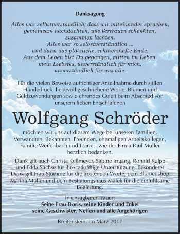 Traueranzeige von Wolfgang Schröder von Mitteldeutsche Zeitung Sangerhausen
