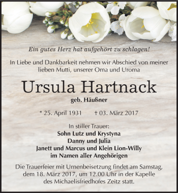 Traueranzeige von Ursula Hartnack von Mitteldeutsche Zeitung Zeitz