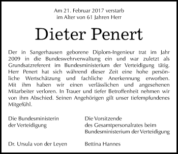 Traueranzeige von Dieter Penert von Mitteldeutsche Zeitung Sangerhausen