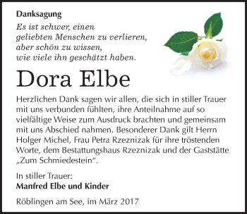 Traueranzeige von Dora Elbe von Mitteldeutsche Zeitung Mansfelder Land
