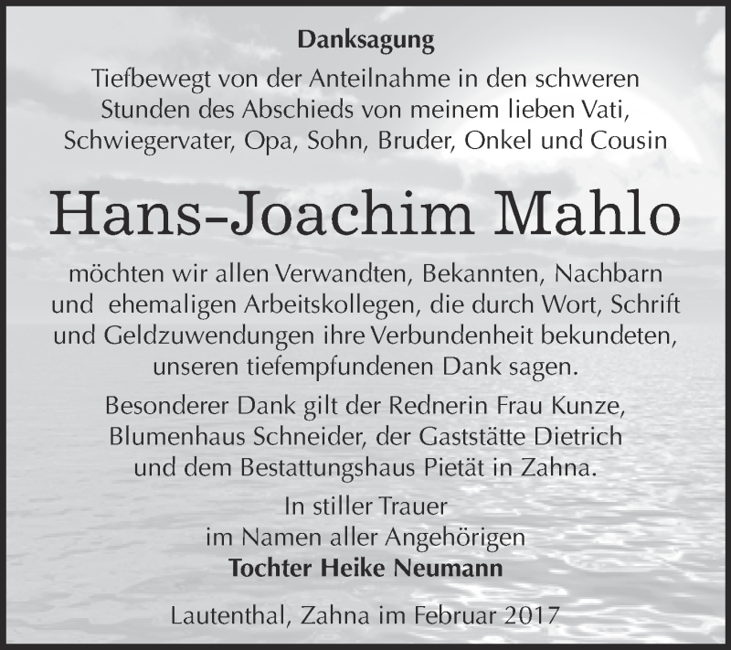  Traueranzeige für Hans-Joachim Mahlo vom 04.03.2017 aus Super Sonntag Wittenberg