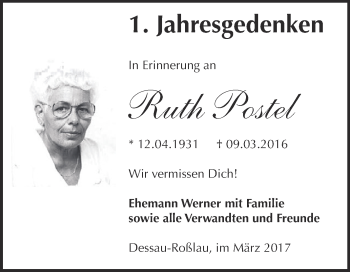 Traueranzeige von Ruth Postel von WVG - Wochenspiegel Dessau / Köthen