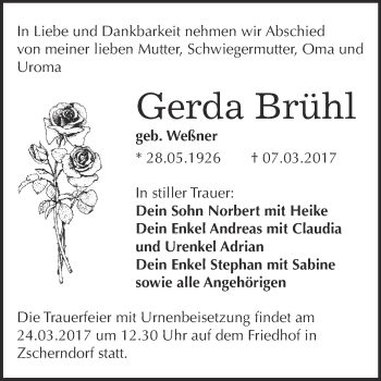 Traueranzeige von Gerda Brühl von WVG - Wochenspiegel Bitterfeld