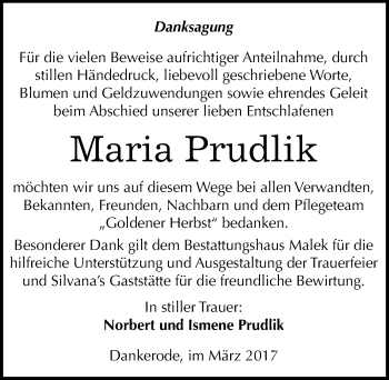 Traueranzeige von Maria Prudlik von Mitteldeutsche Zeitung Quedlinburg