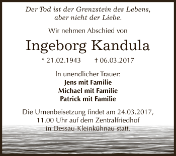 Traueranzeige von Ingeborg Kandula von WVG - Wochenspiegel Dessau / Köthen