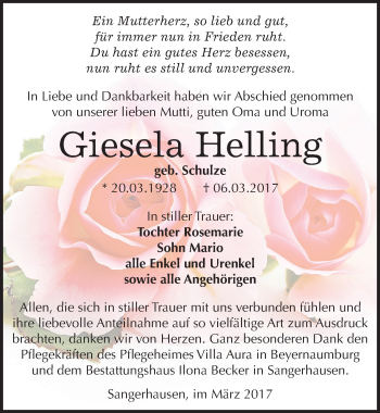 Traueranzeige von Giesela Helling von Mitteldeutsche Zeitung Sangerhausen