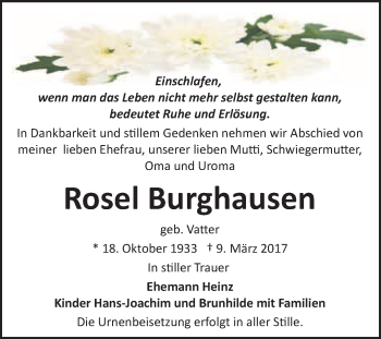 Traueranzeige von Rosel Burghausen von WVG - Wochenspiegel Bitterfeld