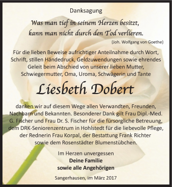 Traueranzeige von Liesbeth Dobert von Mitteldeutsche Zeitung Sangerhausen