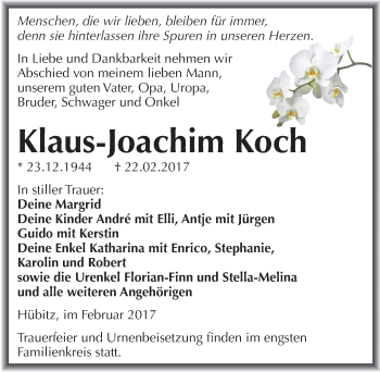 Traueranzeige von Klaus-Joachim Koch von Mitteldeutsche Zeitung Mansfelder Land