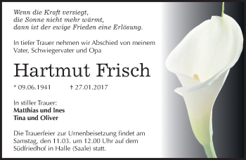 Traueranzeige von Hartmut Frisch von Mitteldeutsche Zeitung Halle/Saalkreis