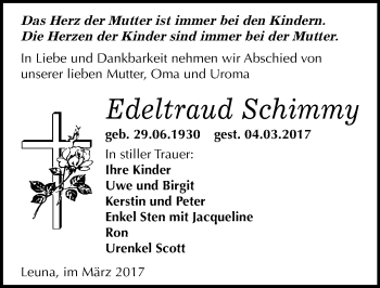 Traueranzeige von Edeltraud Schimmy von Mitteldeutsche Zeitung Merseburg/Querfurt