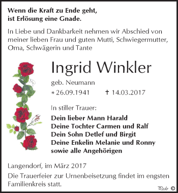 Traueranzeige von Ingrid Winkler von Mitteldeutsche Zeitung Weißenfels