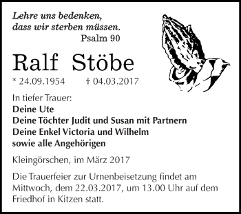 Traueranzeige von Ralf Stöbe von WVG - Wochenspiegel NMB / WSF / ZTZ