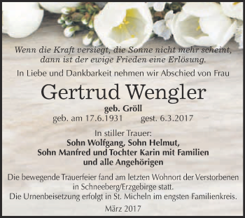 Traueranzeige von Gertrud Wengler von Super Sonntag Halle