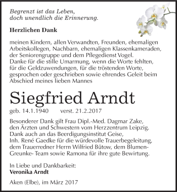Traueranzeige von Siegfried Arndt von Mitteldeutsche Zeitung Köthen