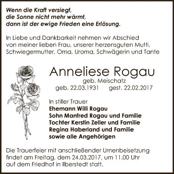 Traueranzeige von Anneliese Rogau von Super Sonntag Bernburg