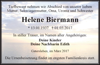 Traueranzeige von Helene Biermann von Mitteldeutsche Zeitung Aschersleben