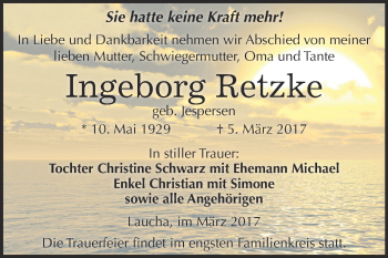 Traueranzeige von Ingeborg Retzke von WVG - Wochenspiegel NMB / WSF / ZTZ