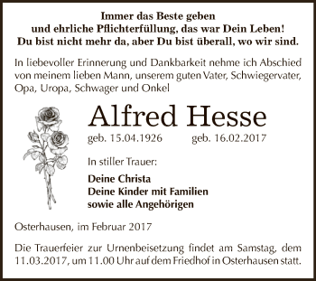 Traueranzeige von Alfred Hesse 