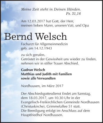 Traueranzeige von Bernd Welsch von Mitteldeutsche Zeitung Sangerhausen