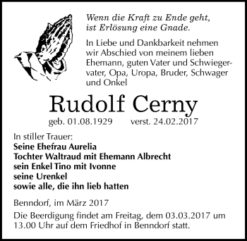 Traueranzeige von Rudolf Cerny von Mitteldeutsche Zeitung Mansfelder Land