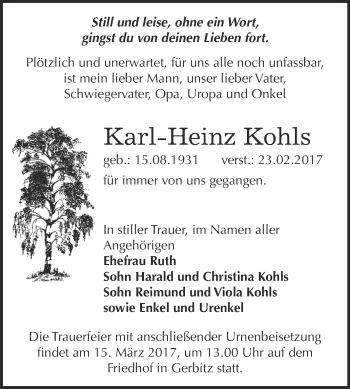 Traueranzeige von Karl-Heinz Kohls von Super Sonntag Bernburg