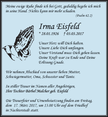 Traueranzeige von Irma Eisfeld von Mitteldeutsche Zeitung Aschersleben