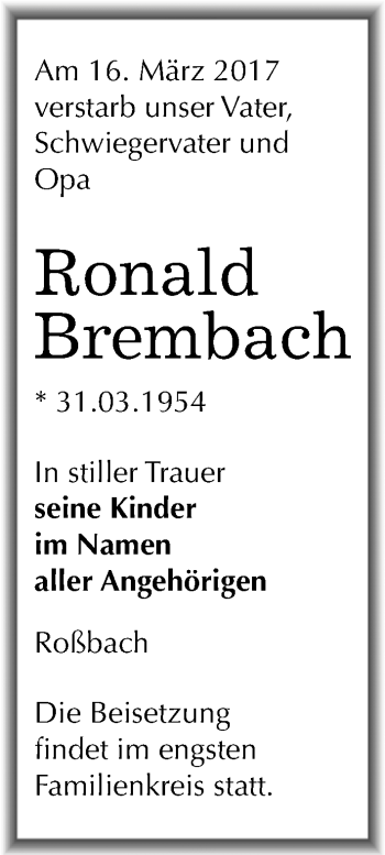 Traueranzeige von Ronald Brembach von Mitteldeutsche Zeitung Naumburg/Nebra