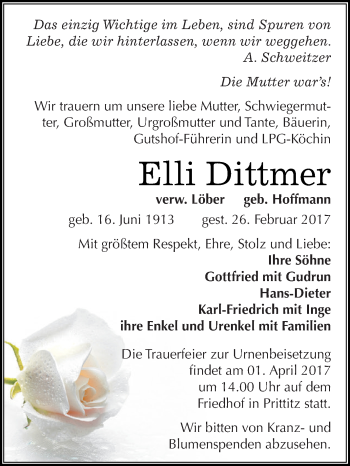 Traueranzeige von Elli Dittmer von WVG - Wochenspiegel NMB / WSF / ZTZ