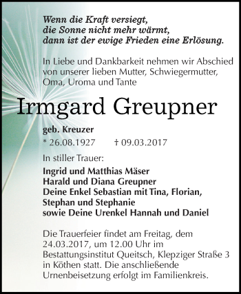 Traueranzeige von Irmgard Greupner von WVG - Wochenspiegel Dessau / Köthen
