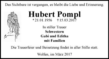 Traueranzeige von Hubert Pompl von Mitteldeutsche Zeitung Bitterfeld