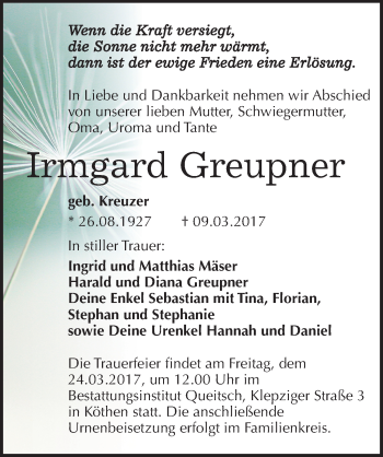 Traueranzeige von Irmgard Greupner von Mitteldeutsche Zeitung Köthen