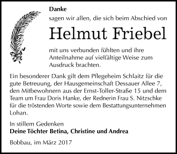 Traueranzeige von Helmut Friebel von Mitteldeutsche Zeitung Bitterfeld