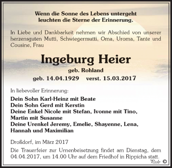 Traueranzeige von Ingeburg Heier von Mitteldeutsche Zeitung Zeitz
