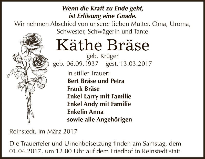 Traueranzeige für Käthe Bräse vom 25.03.2017 aus Super Sonntag Quedlinburg