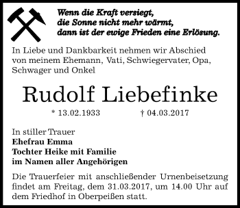 Traueranzeige von Rudolf Liebefinke von Mitteldeutsche Zeitung Bernburg