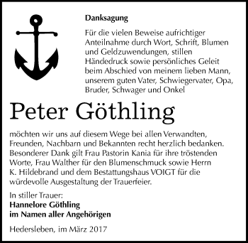 Traueranzeige von Peter Göthling von Mitteldeutsche Zeitung Mansfelder Land