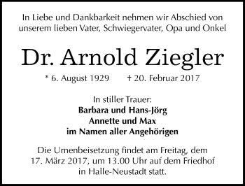 Traueranzeige von Arnold Ziegler von Mitteldeutsche Zeitung Halle/Saalkreis