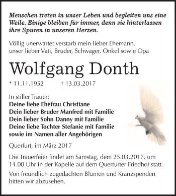 Traueranzeige von Wolfgang Donth von Super Sonntag Halle