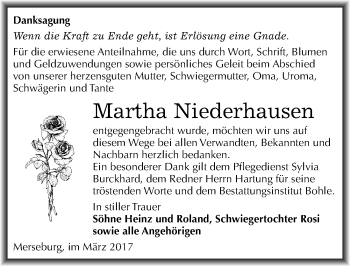 Traueranzeige von Martha Niederhausen von Mitteldeutsche Zeitung Merseburg/Querfurt